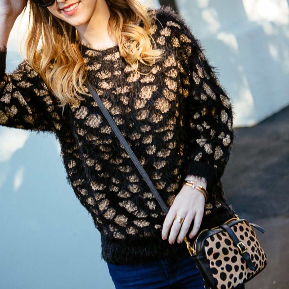 Piperlime Animal Print Sweater in Gold Metallic and Black